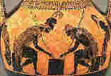 Ахиллес и Аякс за игрой в кости (шашки), чорнофигурная амфора, Эксекий, 540г. до н.э. (15,9Kb)